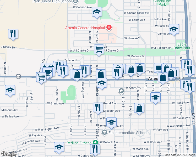 map of restaurants, bars, coffee shops, grocery stores, and more near 1214 West Main Street in Artesia