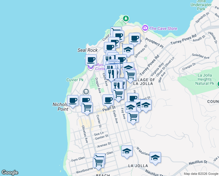 map of restaurants, bars, coffee shops, grocery stores, and more near 7623 Eads Avenue in San Diego