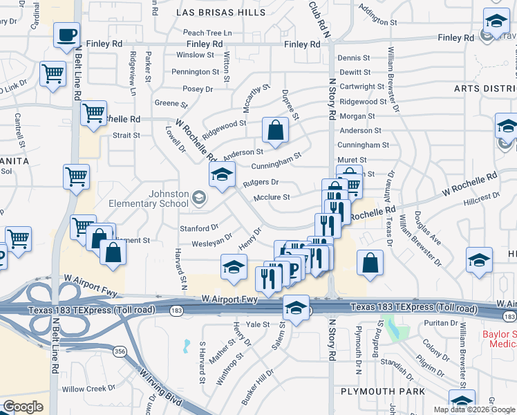 map of restaurants, bars, coffee shops, grocery stores, and more near 2553 West Rochelle Road in Irving