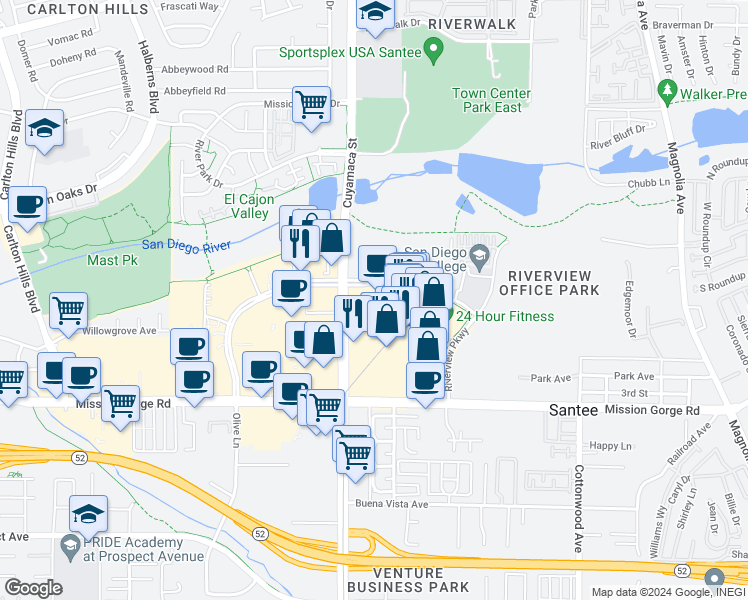 map of restaurants, bars, coffee shops, grocery stores, and more near 9846 Mission Gorge Road in Santee