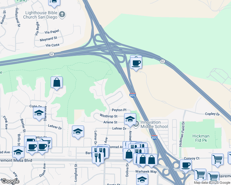map of restaurants, bars, coffee shops, grocery stores, and more near 5340 Palmyra Avenue in San Diego