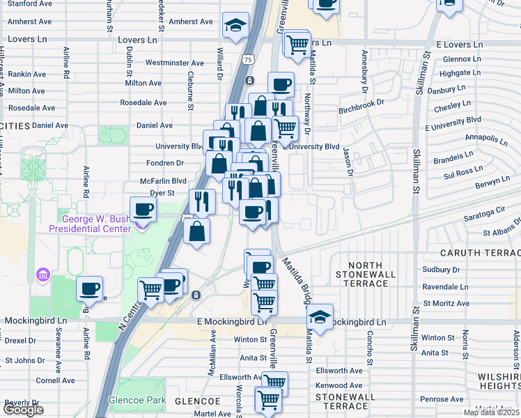 map of restaurants, bars, coffee shops, grocery stores, and more near 5641 SMU Boulevard in Dallas