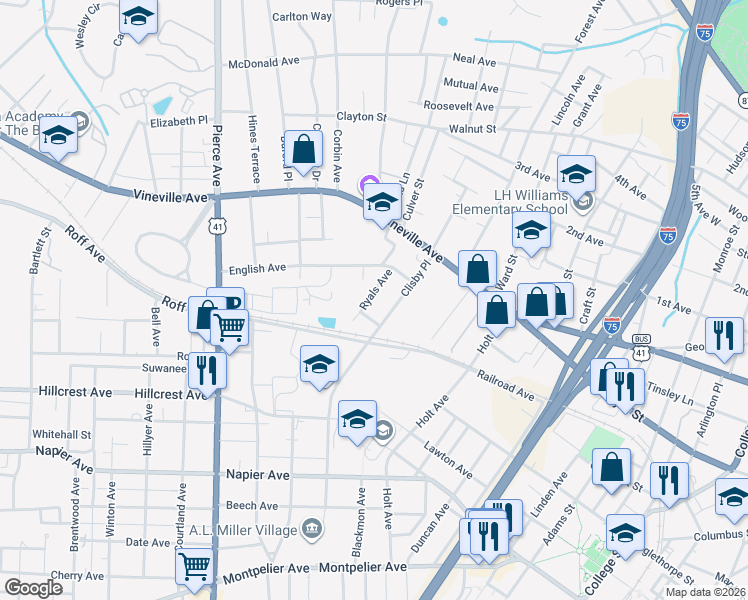 map of restaurants, bars, coffee shops, grocery stores, and more near 261 Clisby Place in Macon