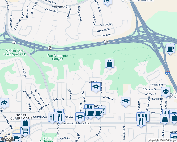 map of restaurants, bars, coffee shops, grocery stores, and more near 5370 Crisp Court in San Diego