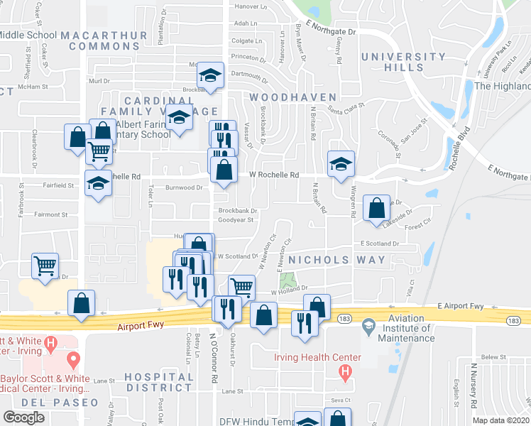 map of restaurants, bars, coffee shops, grocery stores, and more near 2709 Brockbank Drive in Irving
