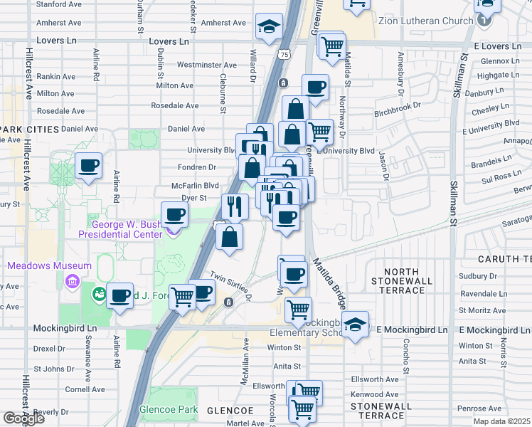 map of restaurants, bars, coffee shops, grocery stores, and more near 4500 Prentice St in Dallas