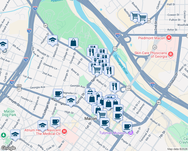 map of restaurants, bars, coffee shops, grocery stores, and more near 195 Spring Street in Macon