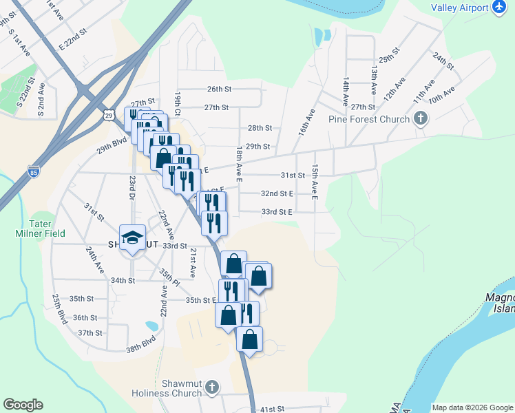 map of restaurants, bars, coffee shops, grocery stores, and more near 1709 33rd Street in Valley