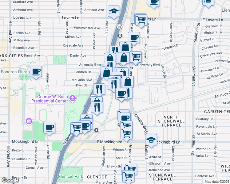 map of restaurants, bars, coffee shops, grocery stores, and more near 5609 SMU Boulevard in Dallas