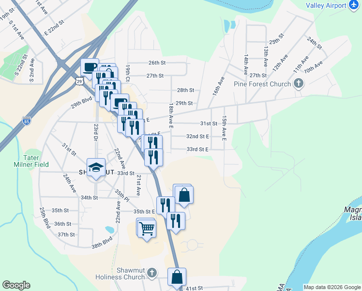 map of restaurants, bars, coffee shops, grocery stores, and more near 1709 33rd Street East in Valley