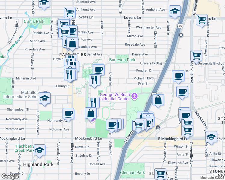 map of restaurants, bars, coffee shops, grocery stores, and more near 3072 SMU Boulevard in Dallas