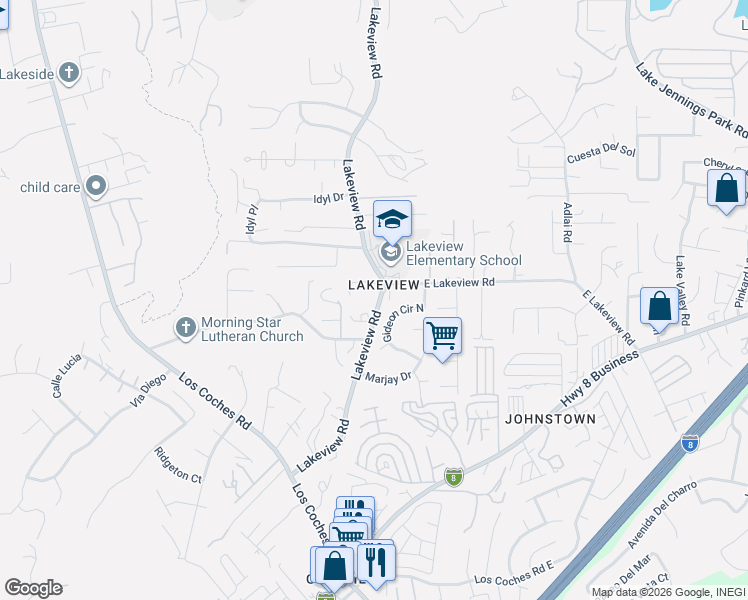 map of restaurants, bars, coffee shops, grocery stores, and more near 9152 Lakeview Road in Lakeside