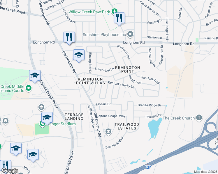 map of restaurants, bars, coffee shops, grocery stores, and more near 5845 Arena Circle in Fort Worth
