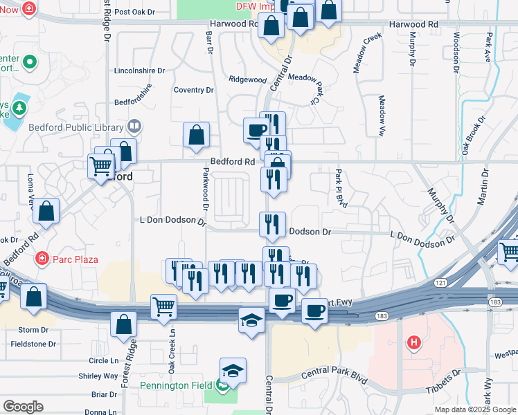 map of restaurants, bars, coffee shops, grocery stores, and more near 2225 Central Drive in Bedford