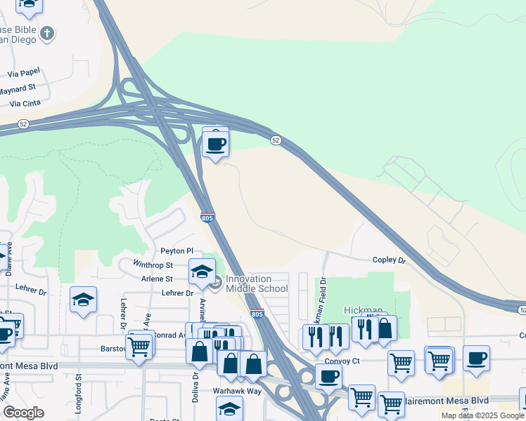 map of restaurants, bars, coffee shops, grocery stores, and more near 5855 Copley Dr in San Diego