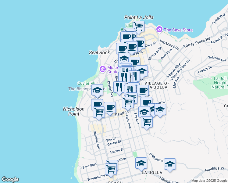 map of restaurants, bars, coffee shops, grocery stores, and more near 7616 Eads Avenue in San Diego
