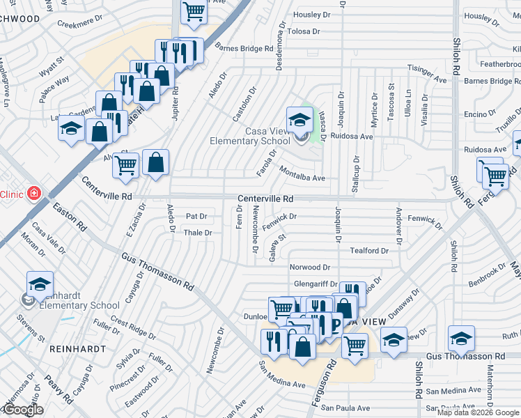 map of restaurants, bars, coffee shops, grocery stores, and more near 10634 Newcombe Drive in Dallas