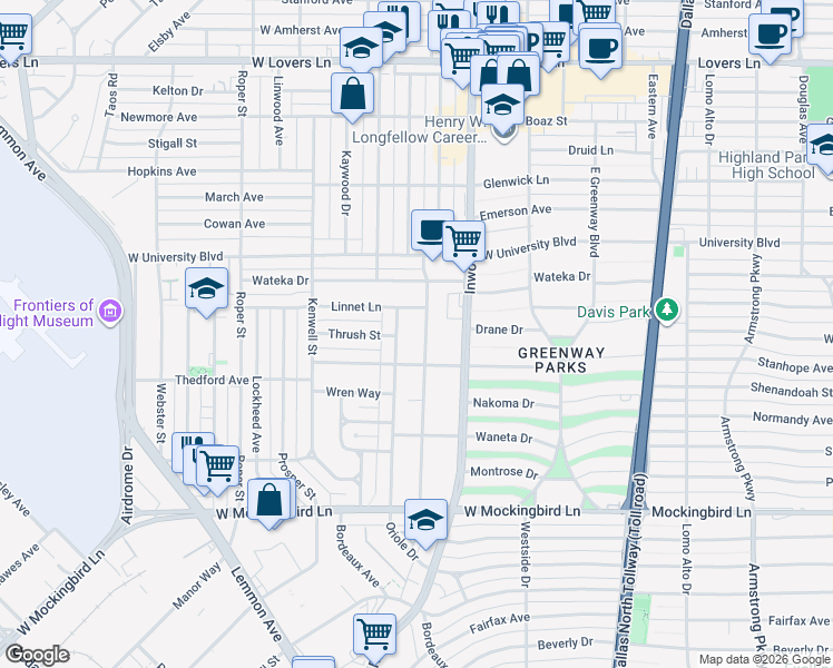 map of restaurants, bars, coffee shops, grocery stores, and more near 6929 Robin Road in Dallas