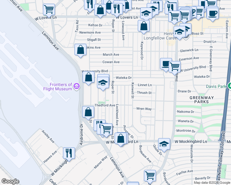 map of restaurants, bars, coffee shops, grocery stores, and more near 6910 Lockheed Avenue in Dallas
