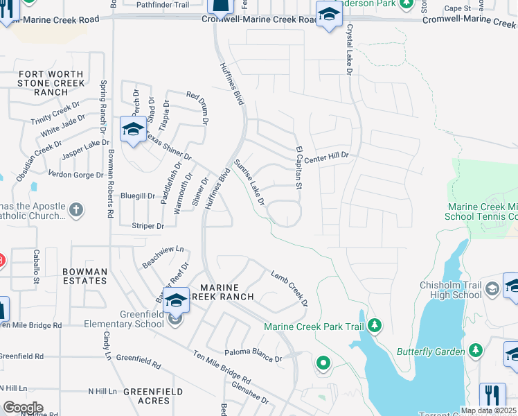 map of restaurants, bars, coffee shops, grocery stores, and more near 6109 Sunrise Lake Drive in Fort Worth