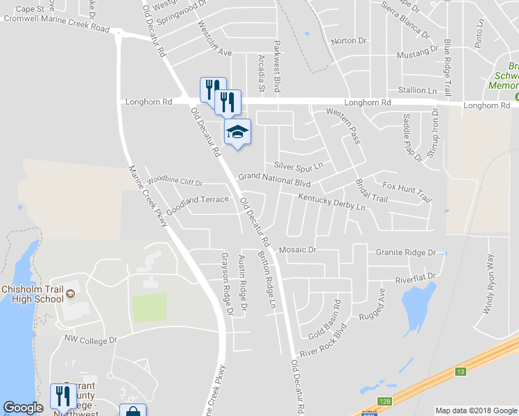 map of restaurants, bars, coffee shops, grocery stores, and more near 5649 Giddyup Lane in Fort Worth