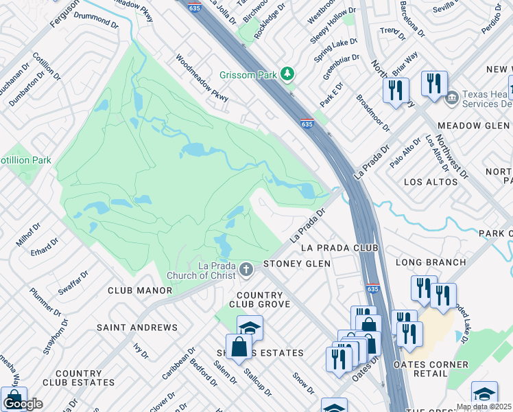 map of restaurants, bars, coffee shops, grocery stores, and more near 3912 Fairlakes Drive in Dallas