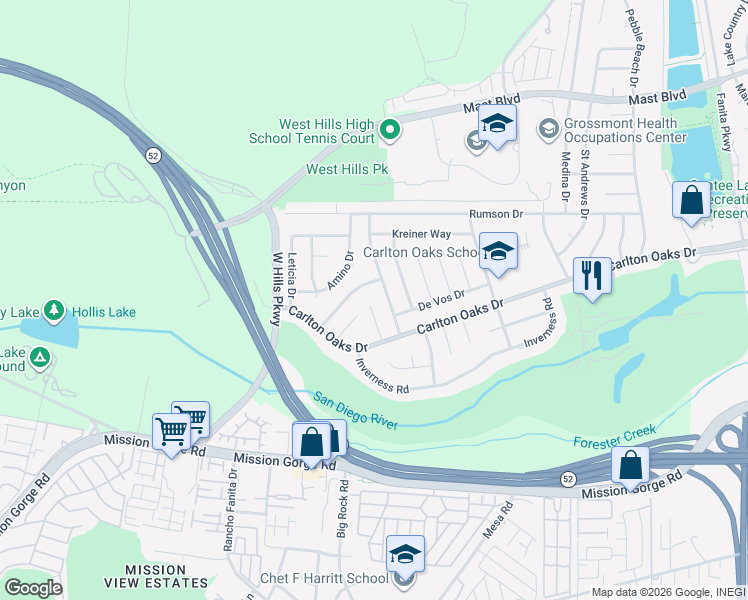 map of restaurants, bars, coffee shops, grocery stores, and more near 9349 Nalini Court in Santee
