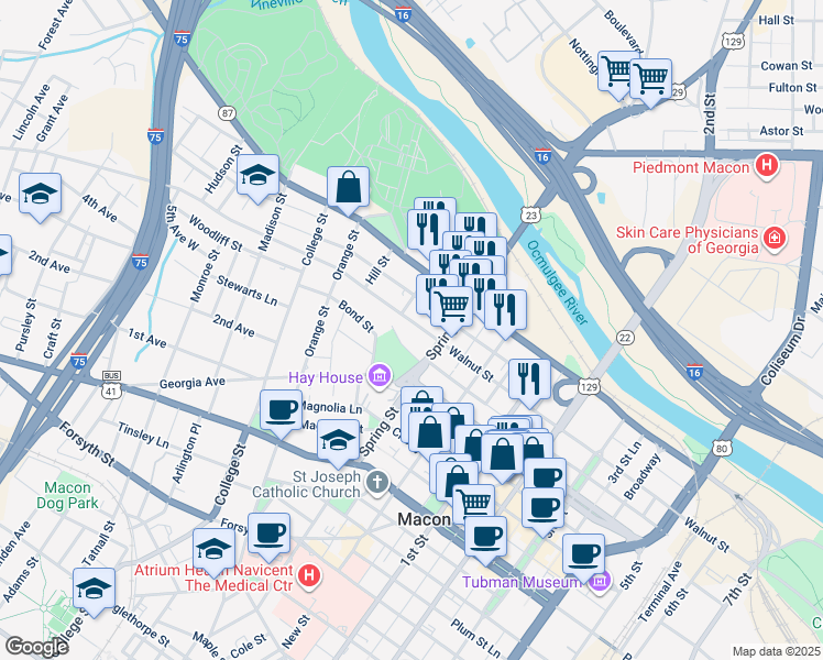 map of restaurants, bars, coffee shops, grocery stores, and more near 962 Walnut Street in Macon
