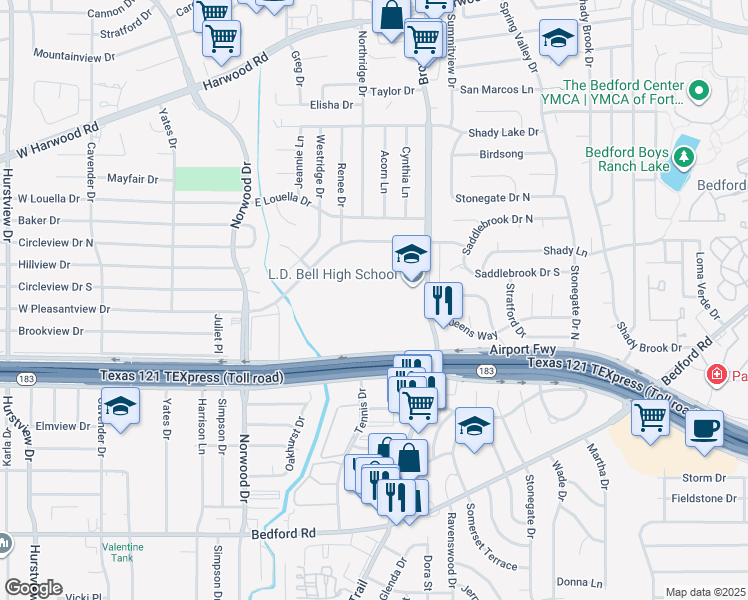 map of restaurants, bars, coffee shops, grocery stores, and more near 1601 Brown Trail in Hurst