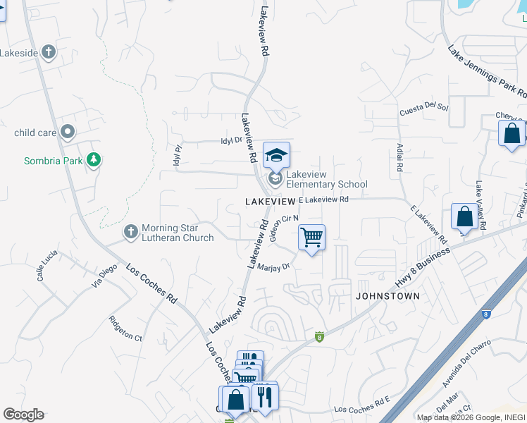 map of restaurants, bars, coffee shops, grocery stores, and more near 9152 Lakeview Road in Lakeside