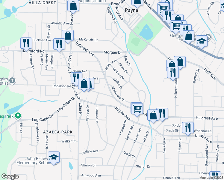 map of restaurants, bars, coffee shops, grocery stores, and more near 3352 Matheson Drive in Macon