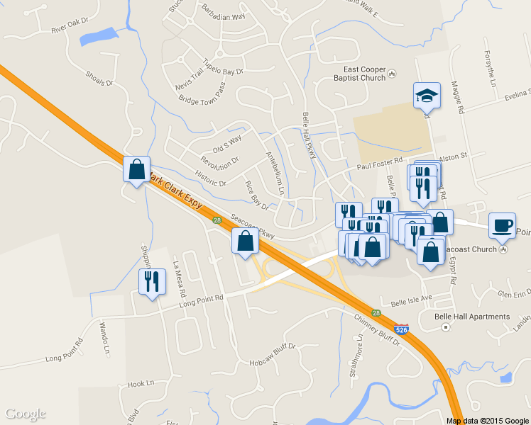 map of restaurants, bars, coffee shops, grocery stores, and more near 345 Rice Bay Drive in Mount Pleasant