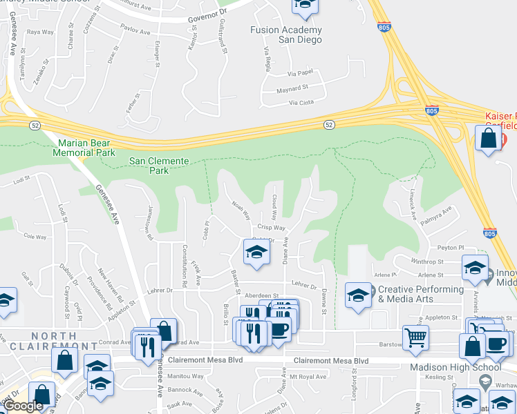 map of restaurants, bars, coffee shops, grocery stores, and more near 5370 Crisp Court in San Diego