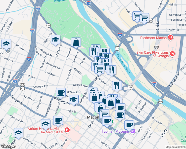map of restaurants, bars, coffee shops, grocery stores, and more near 962 Walnut Street in Macon