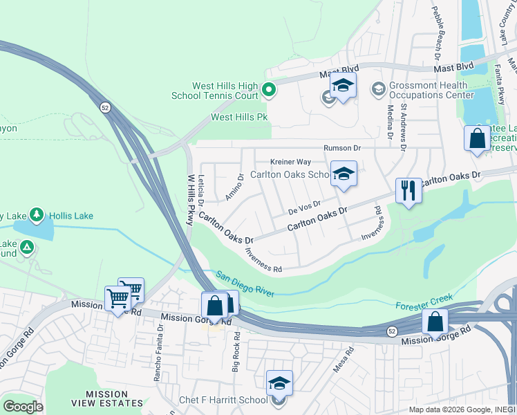 map of restaurants, bars, coffee shops, grocery stores, and more near 9349 Nalini Court in Santee