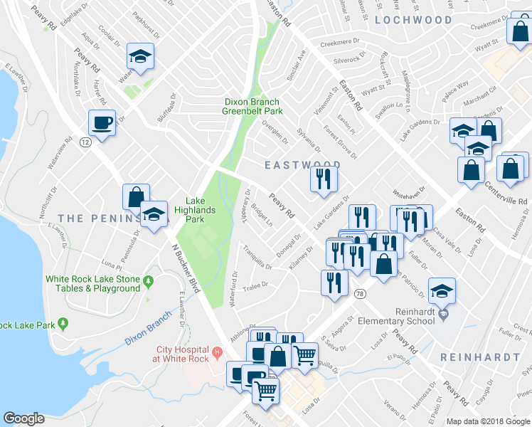 map of restaurants, bars, coffee shops, grocery stores, and more near 930 Bridget Lane in Dallas