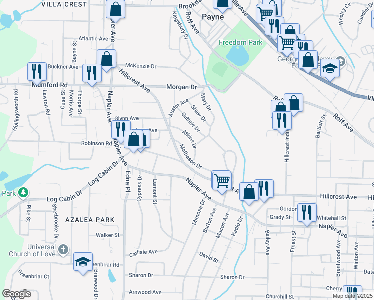 map of restaurants, bars, coffee shops, grocery stores, and more near 3337 Matheson Drive in Macon