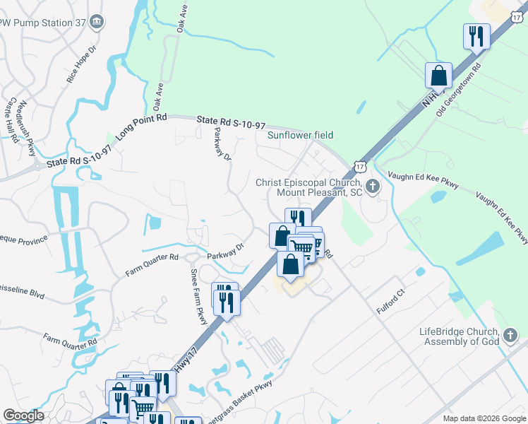 map of restaurants, bars, coffee shops, grocery stores, and more near 1198 Ambling Way in Mount Pleasant