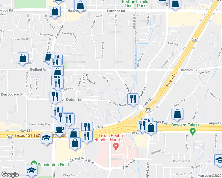 map of restaurants, bars, coffee shops, grocery stores, and more near 2421 Aberdeen Dr in Bedford