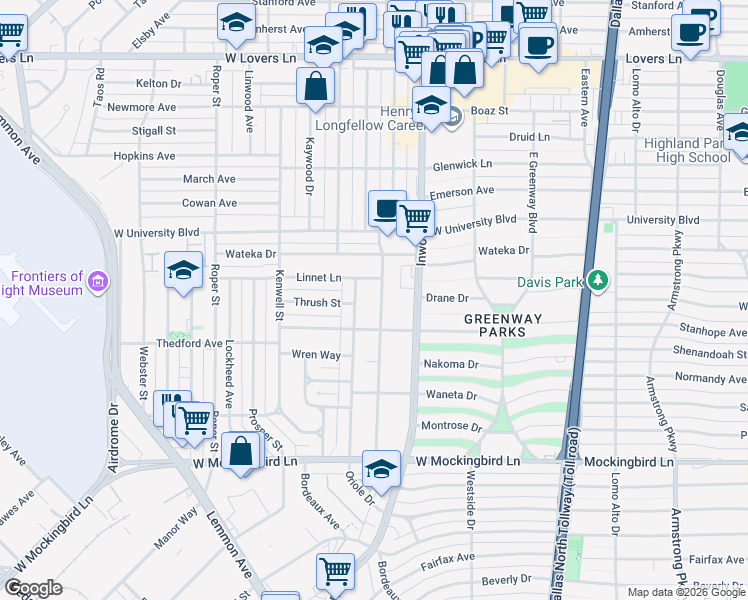 map of restaurants, bars, coffee shops, grocery stores, and more near 6929 Robin Road in Dallas