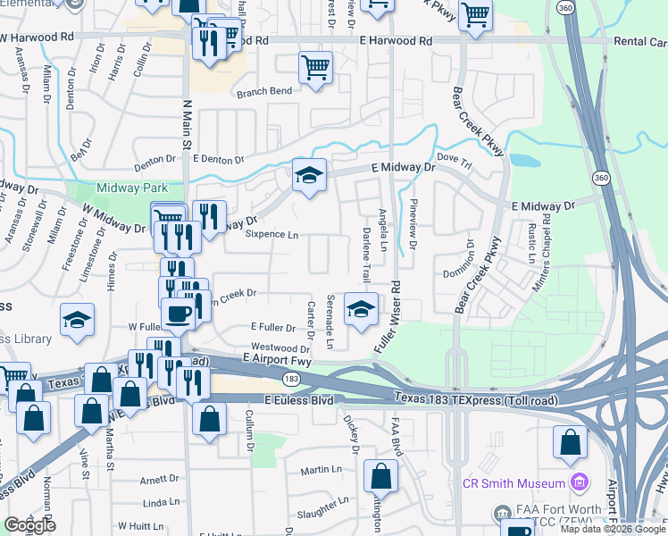 map of restaurants, bars, coffee shops, grocery stores, and more near 402 Emerson Drive in Euless