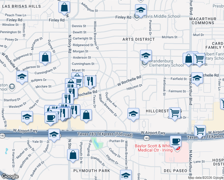 map of restaurants, bars, coffee shops, grocery stores, and more near 1908 West Rochelle Road in Irving