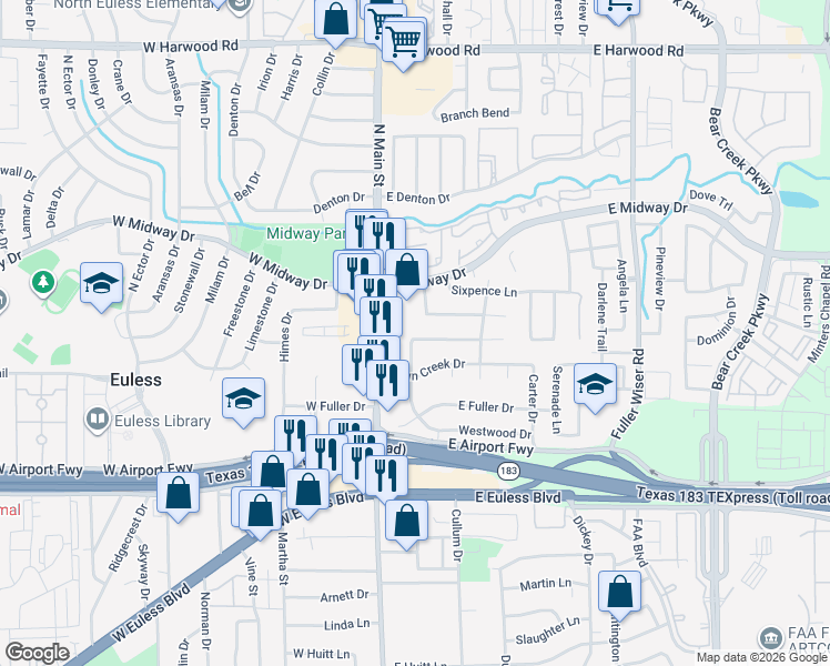 map of restaurants, bars, coffee shops, grocery stores, and more near 201 Primrose Hill in Euless