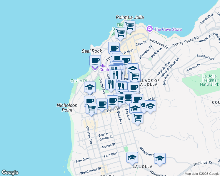 map of restaurants, bars, coffee shops, grocery stores, and more near 7616 Eads Avenue in San Diego
