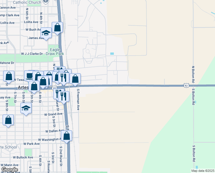 map of restaurants, bars, coffee shops, grocery stores, and more near 500 East Main Street in Artesia