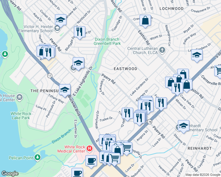 map of restaurants, bars, coffee shops, grocery stores, and more near 930 Bridget Drive in Dallas