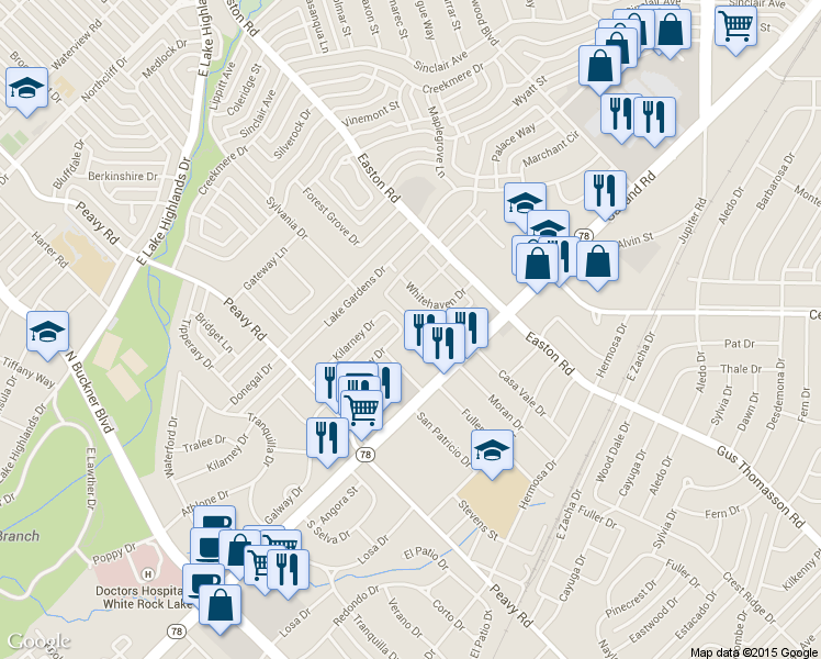 map of restaurants, bars, coffee shops, grocery stores, and more near 10226 Galway Drive in Dallas