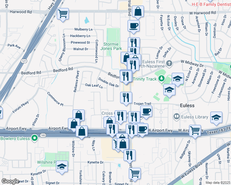 map of restaurants, bars, coffee shops, grocery stores, and more near 2005 Oak Timber Drive in Bedford