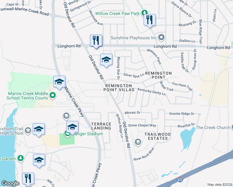 map of restaurants, bars, coffee shops, grocery stores, and more near 5653 Giddyup Lane in Fort Worth