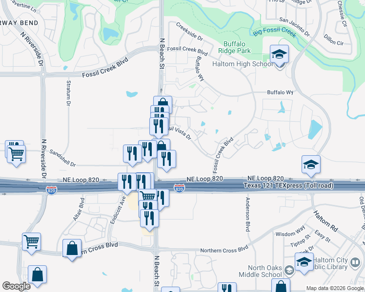 map of restaurants, bars, coffee shops, grocery stores, and more near 4627-4681 Fossil Vista Drive in Haltom City